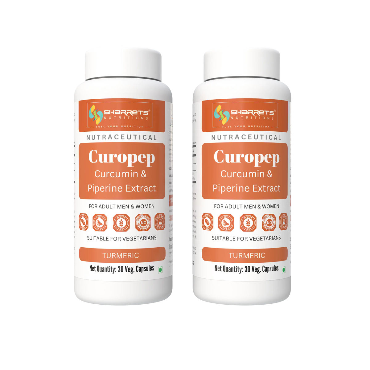 Two white bottles of Sharrets Nutritions Curopep Curcumin & Piperine Extract dietary supplement, displayed side-by-side on a solid white background.