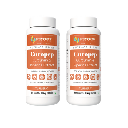 Two white bottles of Sharrets Nutritions Curopep Curcumin & Piperine Extract dietary supplement, displayed side-by-side on a solid white background.