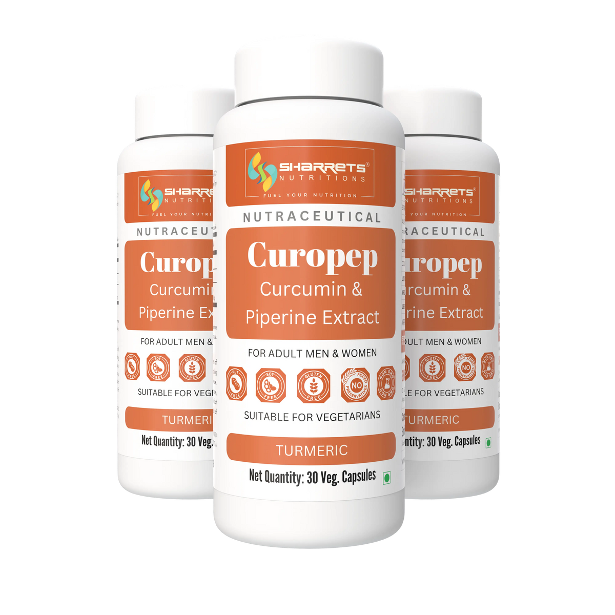 Three white plastic supplement bottles of Sharrets Nutitions Curopep Curcumin & Piperine Extract Turmeric, arranged in a fan shape against a solid white background.