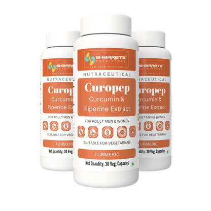 Three white plastic supplement bottles of Sharrets Nutitions Curopep Curcumin & Piperine Extract Turmeric, arranged in a fan shape against a solid white background.