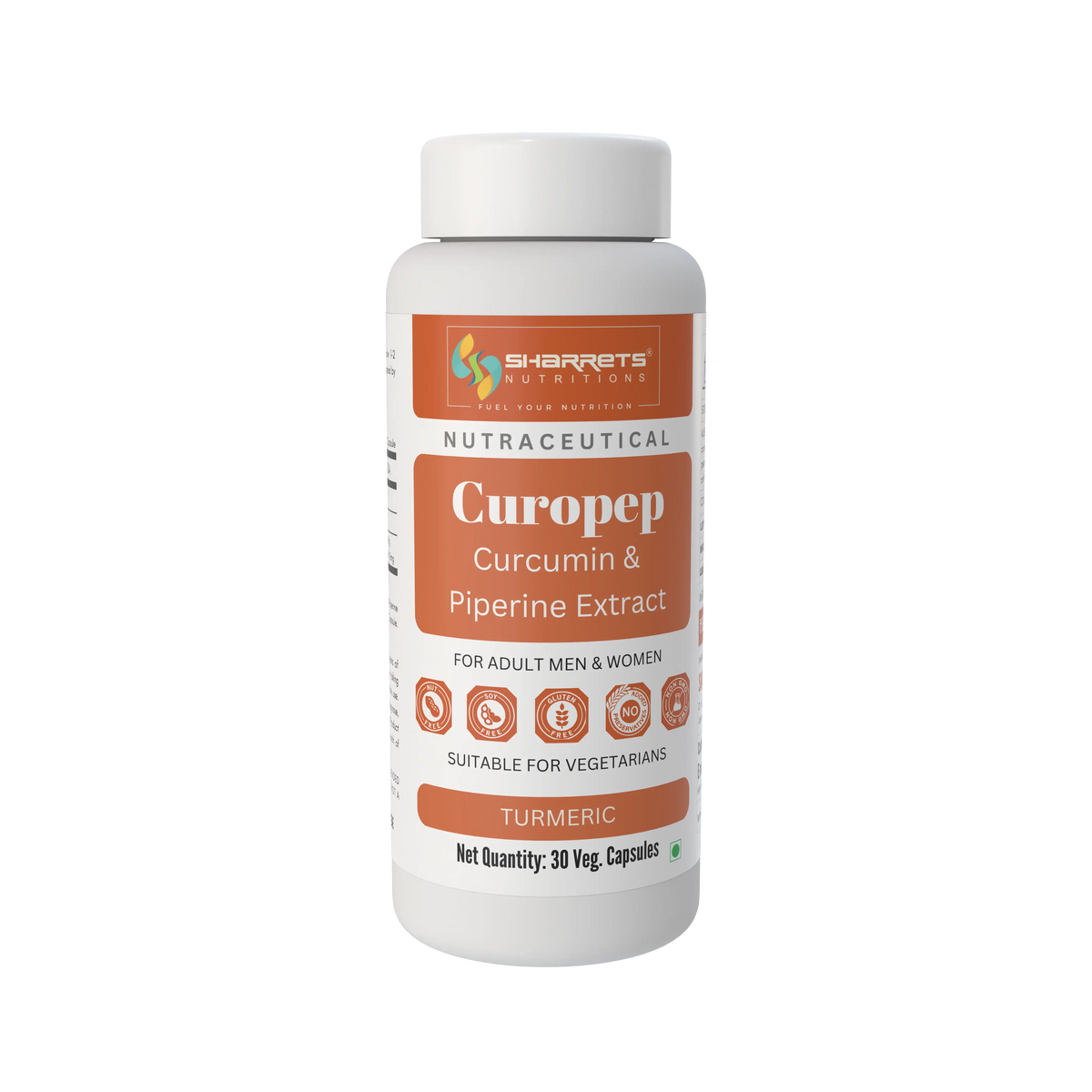 A white plastic bottle of Sharrets Nutritions Curopep Curcumin & Piperine Extract dietary supplement, featuring a white cap and a label with orange and white sections.