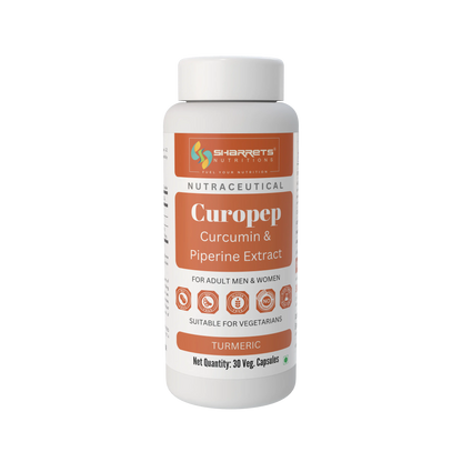 A white plastic bottle of Sharrets Nutritions Curopep Curcumin & Piperine Extract dietary supplement, featuring a white cap and a label with orange and white sections.