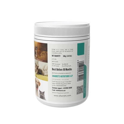 Back label of a pet supplement container with text and images on a white background
