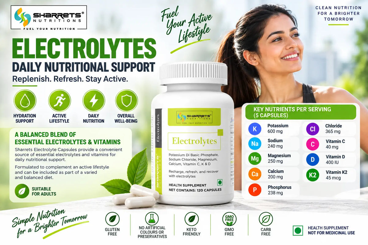 Sharrets Electrolytes Capsules infographic showing key electrolytes and vitamins including potassium, sodium, magnesium, calcium, phosphorus, chloride, vitamin C, vitamin D and vitamin K2