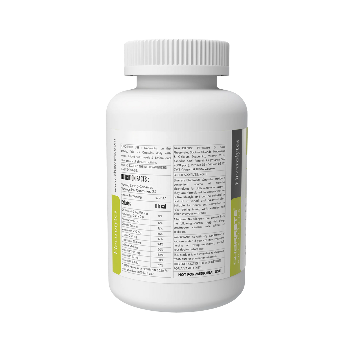 Sharrets Electrolytes Capsules bottle showing nutrition facts, ingredients, suggested use and product information