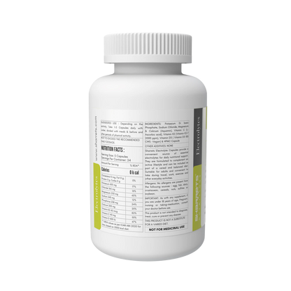 Sharrets Electrolytes Capsules bottle showing nutrition facts, ingredients, suggested use and product information