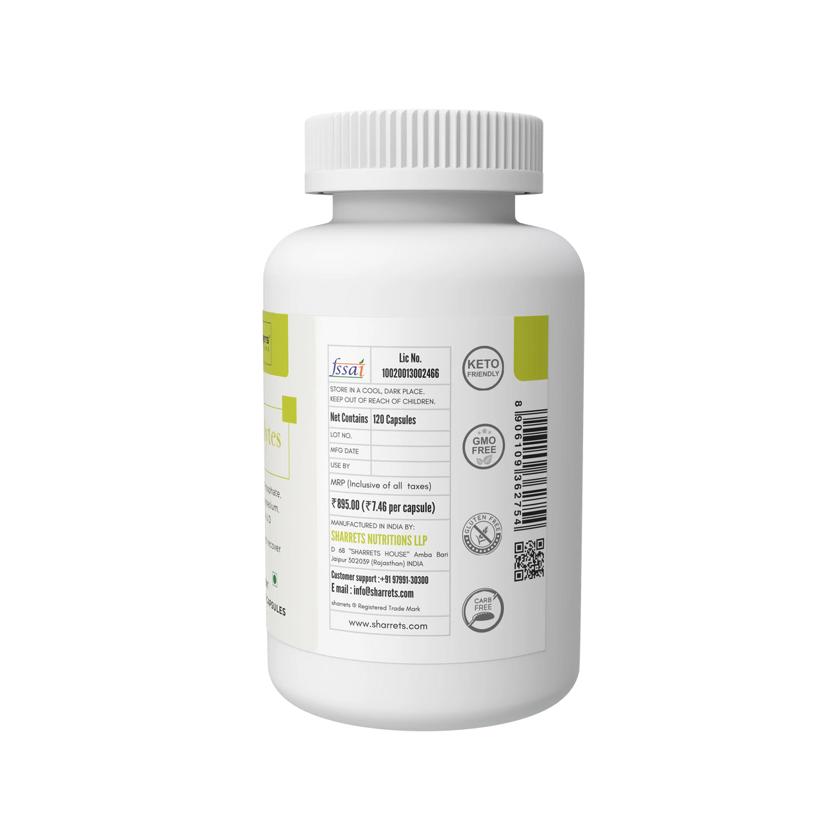 Sharrets Electrolytes Capsules bottle showing FSSAI details, product information, Keto Friendly, GMO Free, Gluten Free and Carb Free symbols