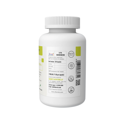 Sharrets Electrolytes Capsules bottle showing FSSAI details, product information, Keto Friendly, GMO Free, Gluten Free and Carb Free symbols