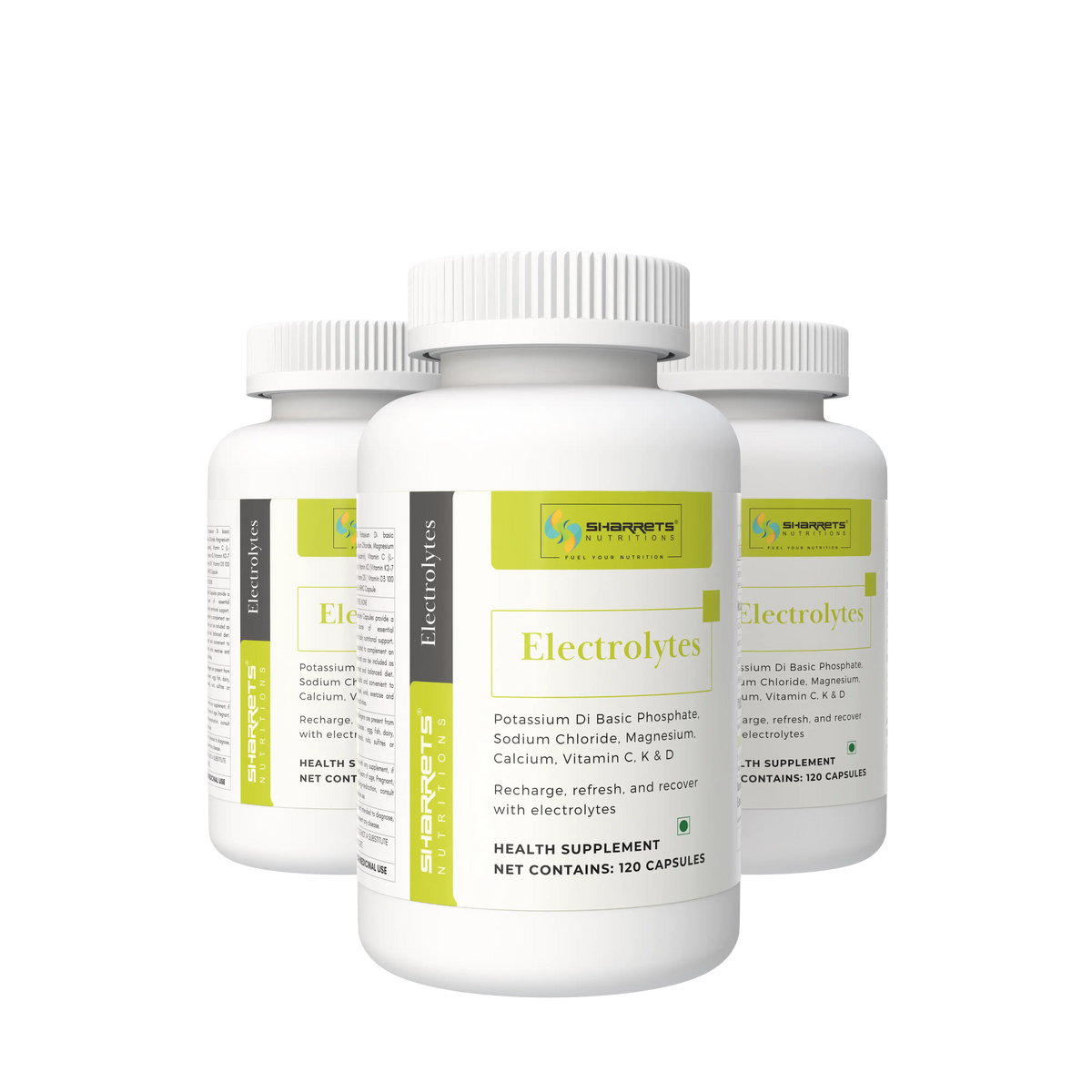 Three Sharrets Electrolytes Capsules 120-capsule bottles displayed together