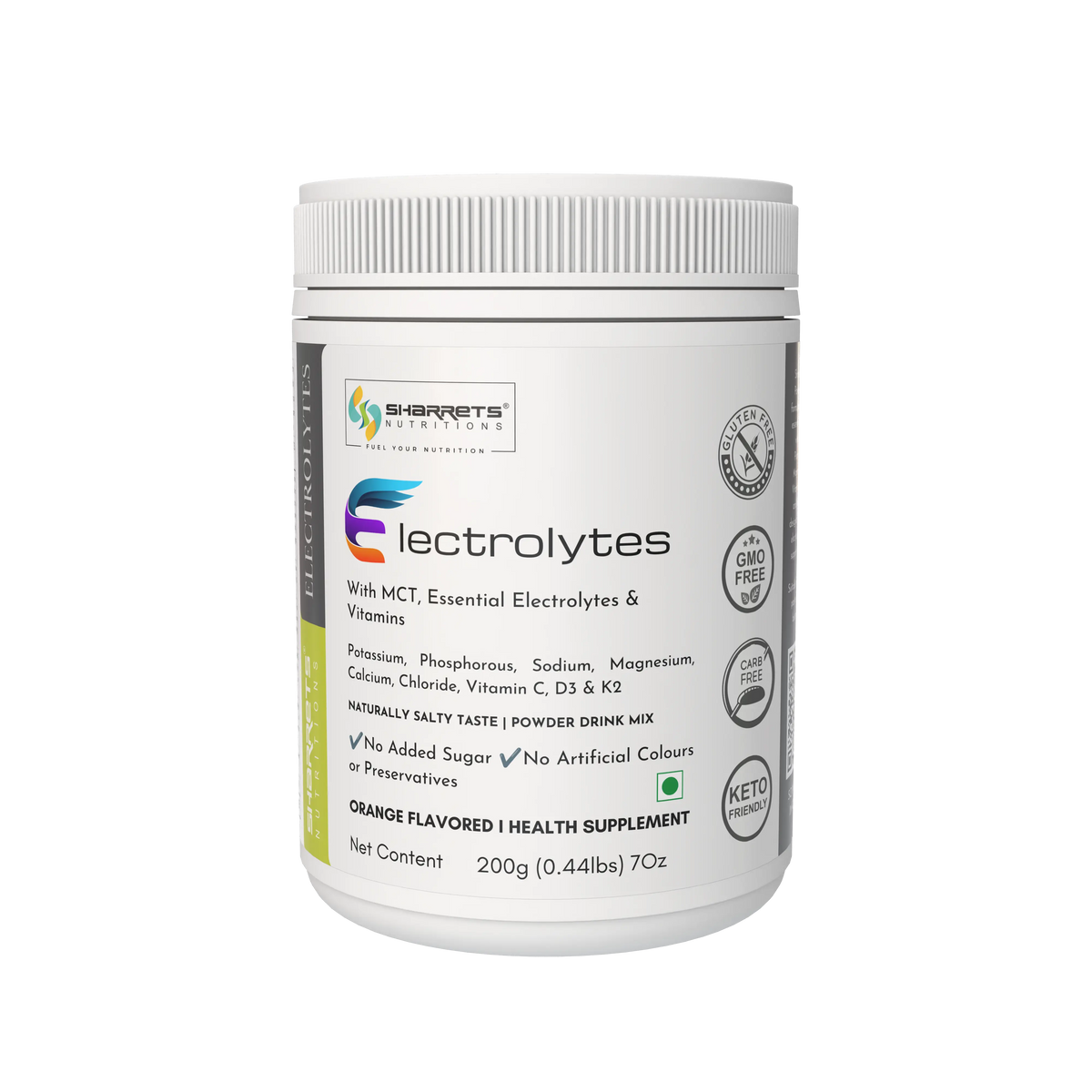 Sharrets electrolytes Powder orange flavored 200g with Essential Vitamins & Minerals- sodium, potassium, magnesium, and calcium, along with added vitamins such as vitamin C, vitamin K2, and vitamin D3.