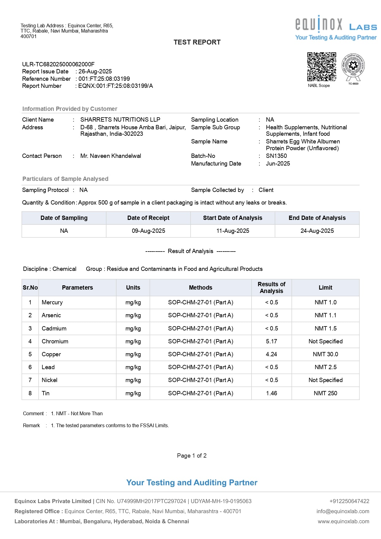Test report from Equinox Labs with various parameters analyzed and results displayed.