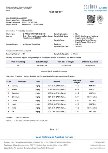 Sharrets Nutritions Egg White Protein Powder Heavy Metals COA