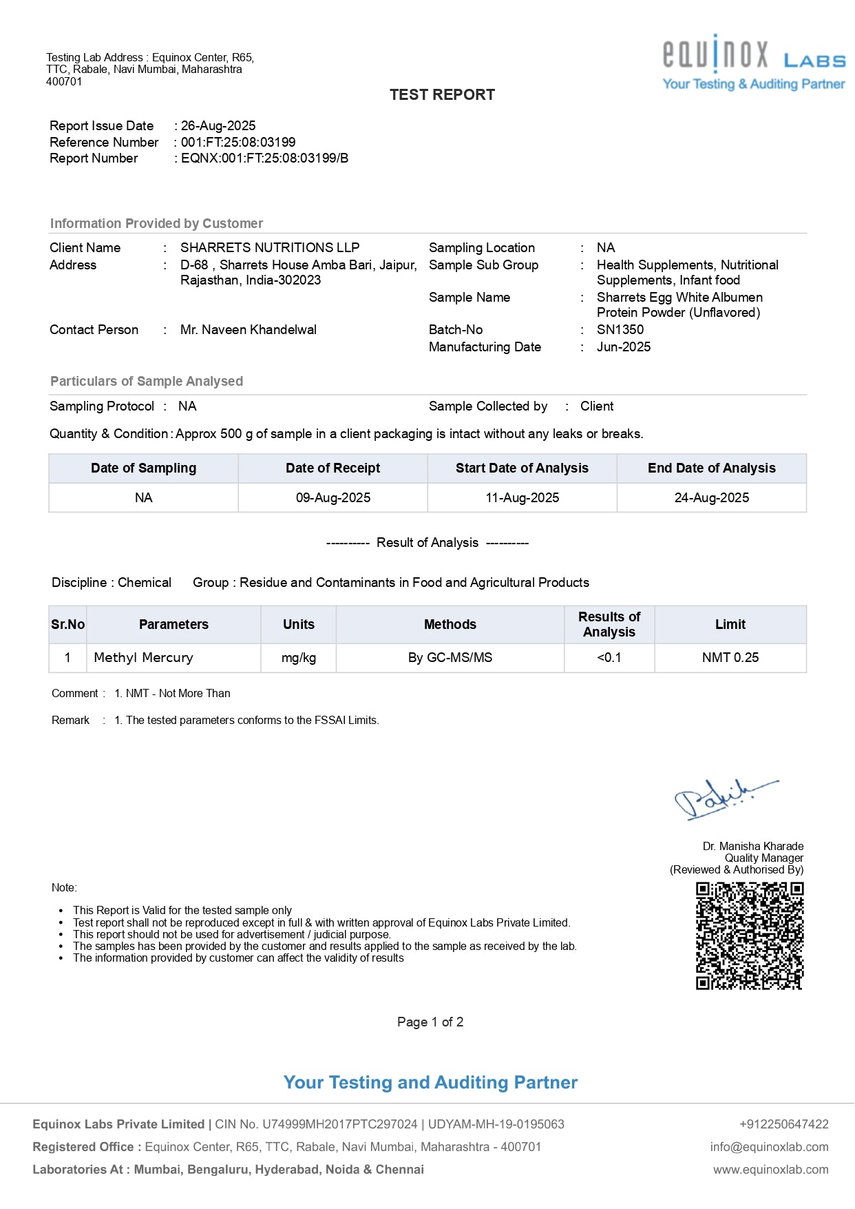 Test report from Equinox Labs with sample analysis details.