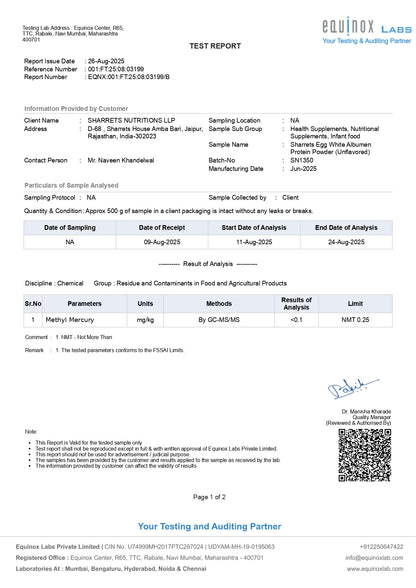 Test report from Equinox Labs with sample analysis details.