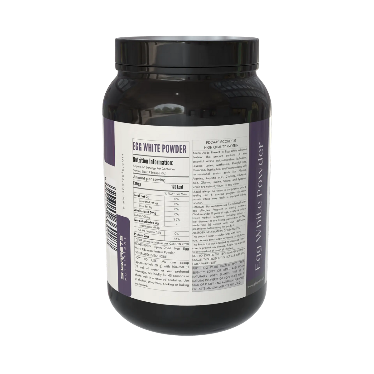 Sharrets Egg White Protein Powder unflavored 1kg – Spray Dried Hen Egg White Albumen Protein- left panel showing nutritional information