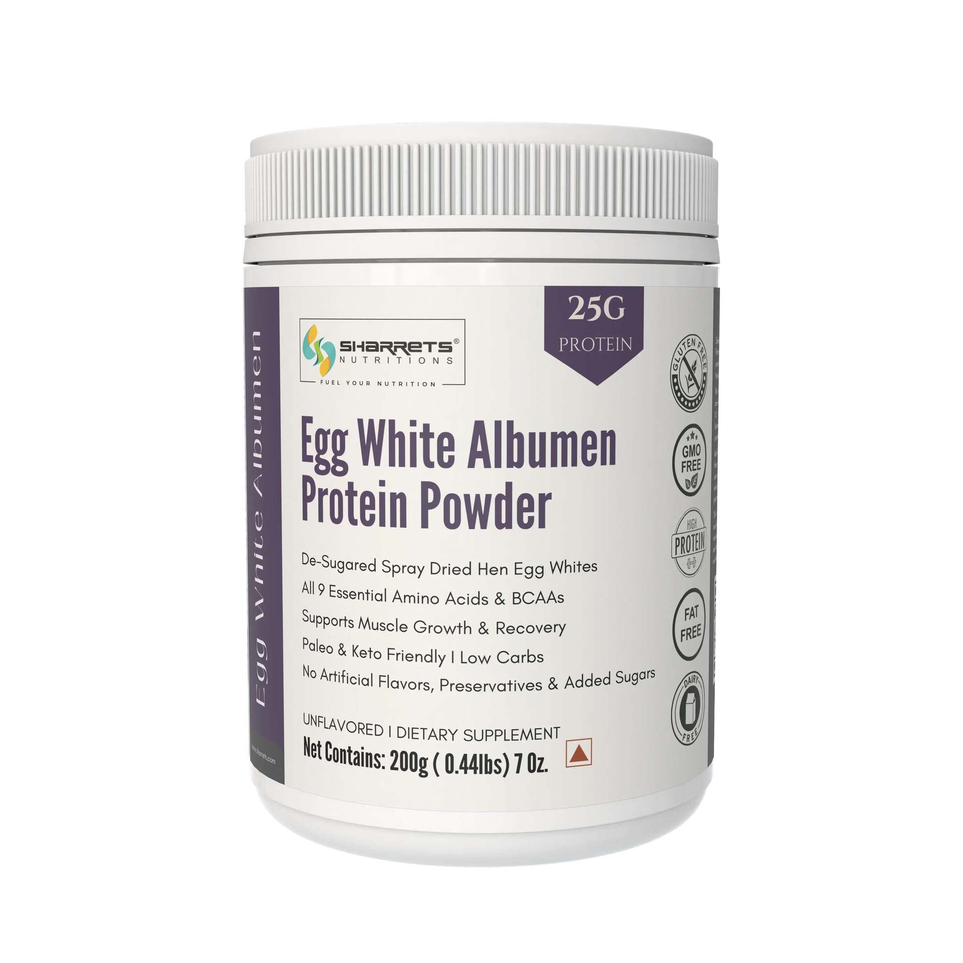 Sharrets Egg White Albumen Protein Powder container on a white background