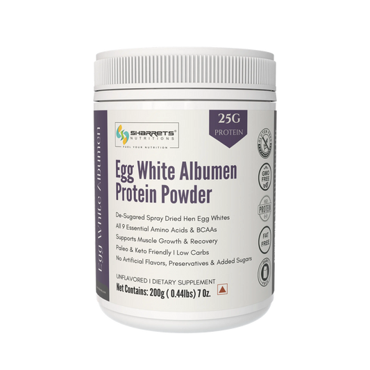Sharrets Egg White Albumen Protein Powder container on a white background