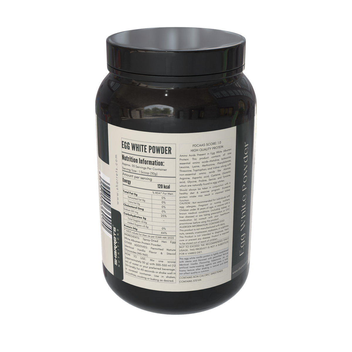 Sharrets Egg White Protein Powder Vanilla Flavored 1kg – Spray Dried Hen Egg White Albumen Protein- left panel showing nutritional information, ingredients list
