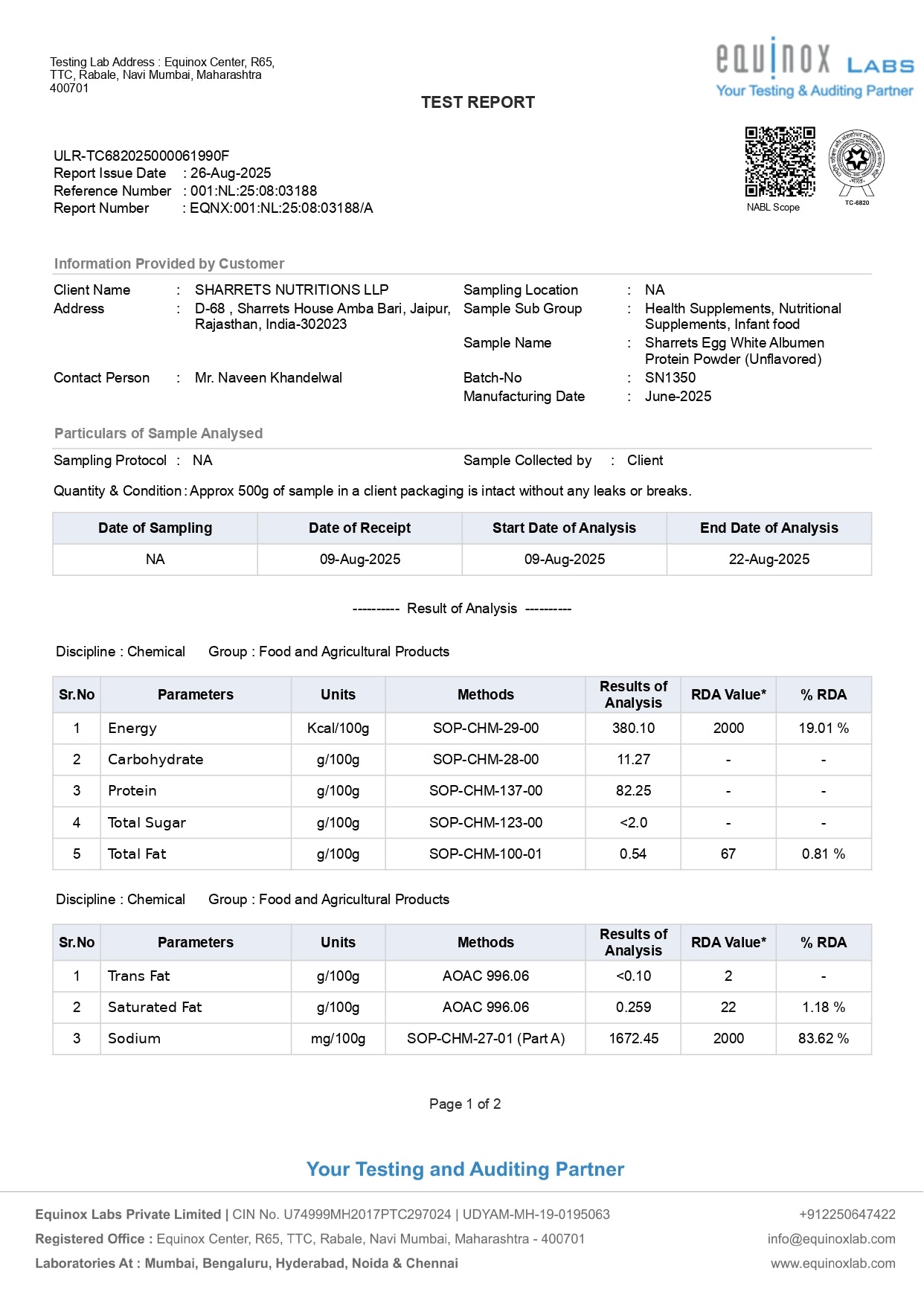 Test report from Equinox Labs with product analysis details.