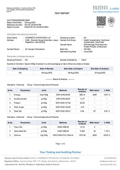 Test report from Equinox Labs with product analysis details.
