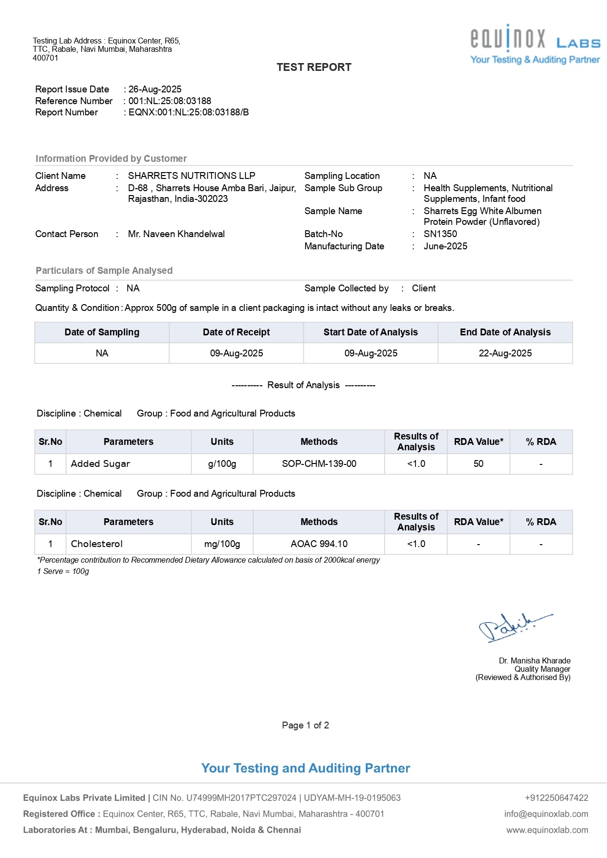 Test report from Equinox Labs with sample analysis details on a white background