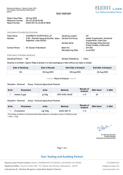 Test report from Equinox Labs with sample analysis details on a white background