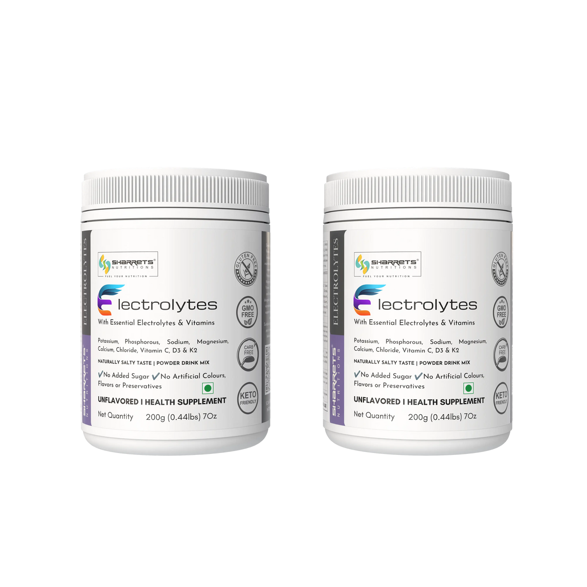 Sharrets electrolytes Powder Unflavored 200g with Essential Vitamins & Minerals- sodium, potassium, magnesium, and calcium, along with added vitamins such as vitamin C, vitamin K2, and vitamin D3.- pack of 2