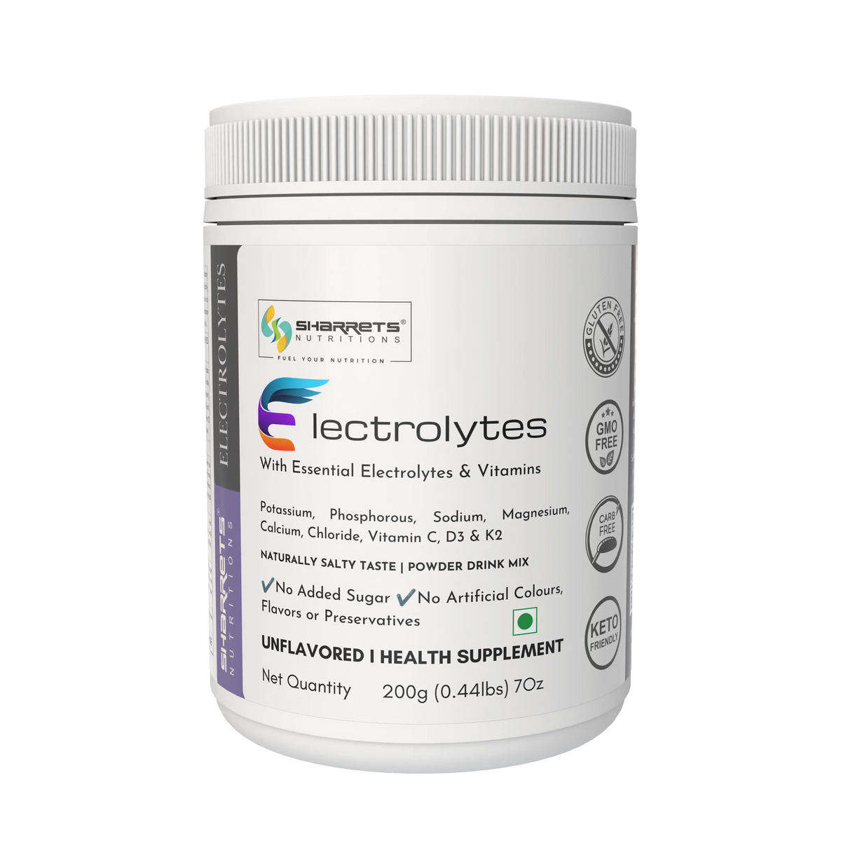 Sharrets electrolytes Powder Unflavored 200g with Essential Vitamins & Minerals- sodium, potassium, magnesium, and calcium, along with added vitamins such as vitamin C, vitamin K2, and vitamin D3.
