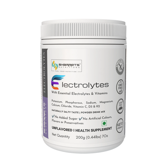 Sharrets electrolytes Powder Unflavored 200g with Essential Vitamins & Minerals- sodium, potassium, magnesium, and calcium, along with added vitamins such as vitamin C, vitamin K2, and vitamin D3.