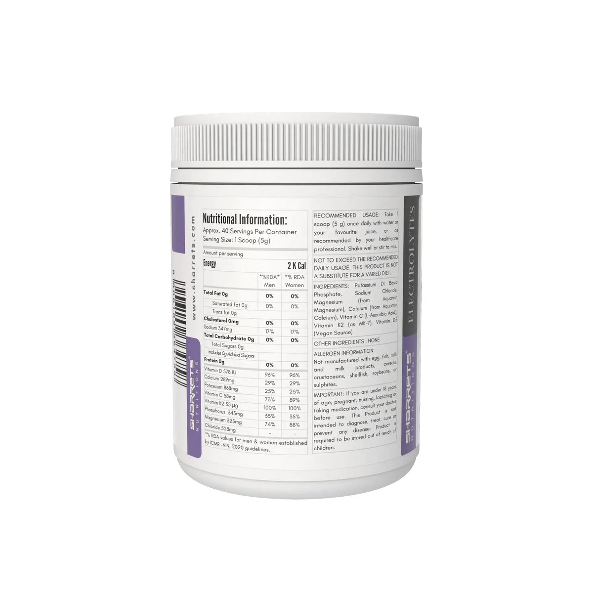 Sharrets Nutritions Electrolytes Powder Unflavored 200g left panel showing nutritional information, ingredients, allergen information 
