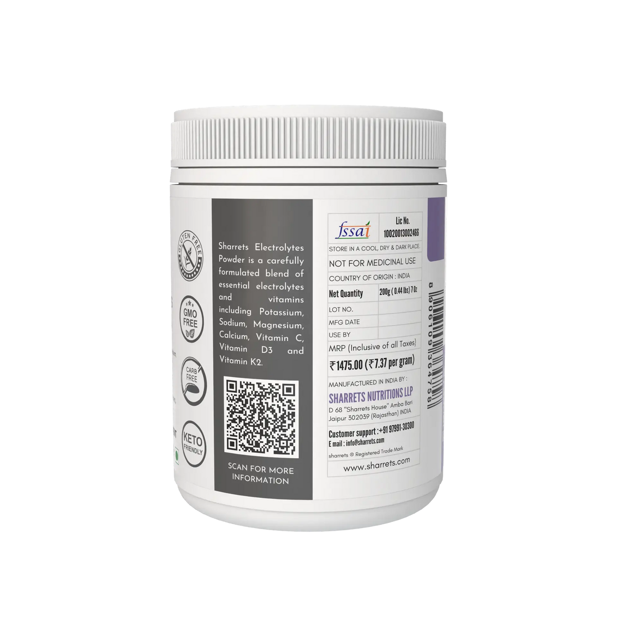 A white plastic supplement tub with a white lid, showing the back label of a Sharrets Electrolytes Powder product. The label features black text, a QR code, and a purple brand logo block, set against a plain white background.