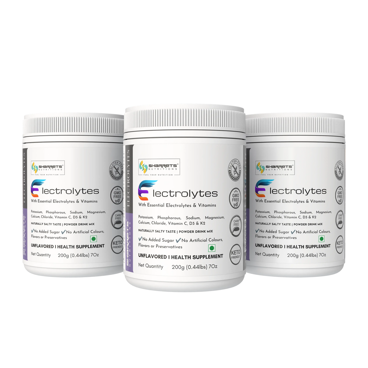 Three white plastic bottles of Electrolytes health supplement with white caps, arranged in a row against a solid white background.