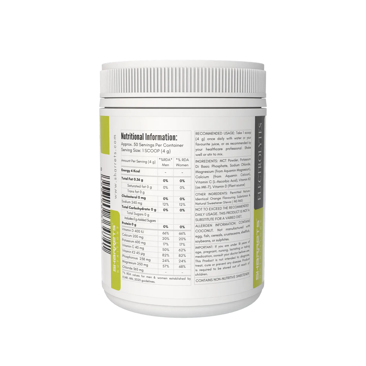 Sharrets Electrolytes Powder Orange flavoured 200g with Potassium, Magnesium, Calcium, Sodium, Vitamins C, D & K2 - displaying left panel with nutritional information, suggested use, ingredients etc