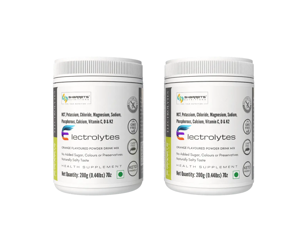 Sharrets Electrolytes Powder Orange flavoured 2 x 200g with Potassium, Magnesium, Calcium, Sodium, Vitamins C, D & K2 - pack of 2