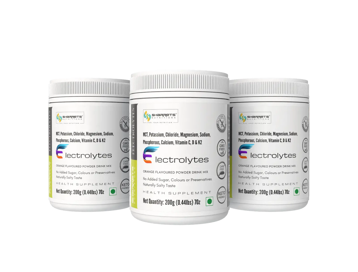 Sharrets Electrolytes Powder Orange flavoured  3x 200g with Potassium, Magnesium, Calcium, Sodium, Vitamins C, D & K2- pack of 3