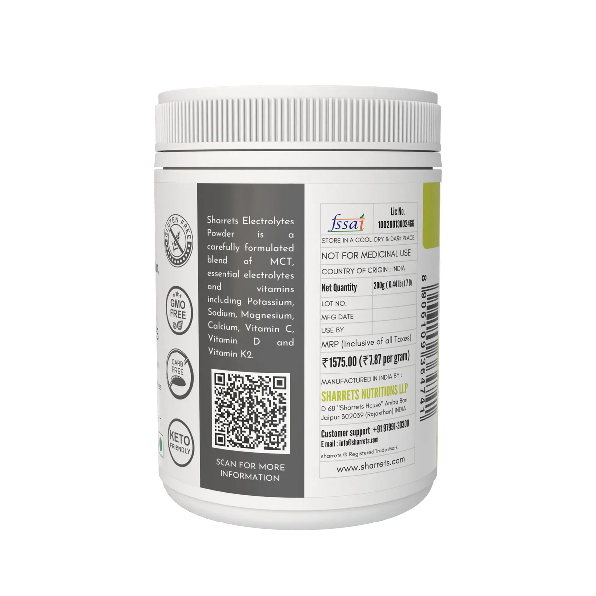 Sharrets Electrolytes Powder Orange flavoured 200g with Potassium, Magnesium, Calcium, Sodium, Vitamins C, D & K2 - displaying right panel with fssai license number, address 