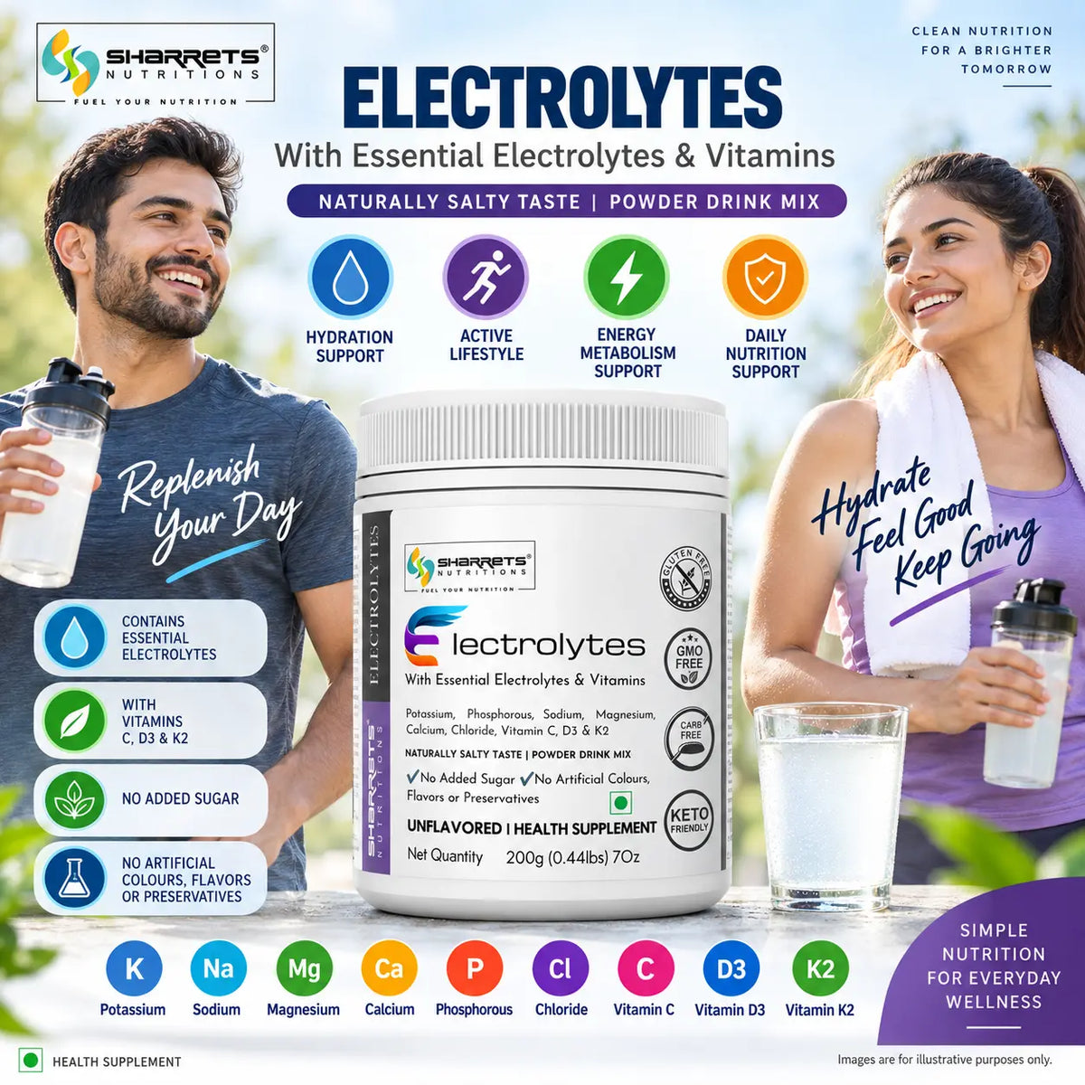 Sharrets Nutritions Electrolytes + Vitamins Orange Flavored powder drink mix with MCT, potassium, sodium, magnesium, calcium, phosphorus, chloride, vitamins C, D3 and K2, shown with an active woman. No added sugar, no artificial colours or preservatives, gluten free, carb free and keto friendly. Also available in Unflavored.