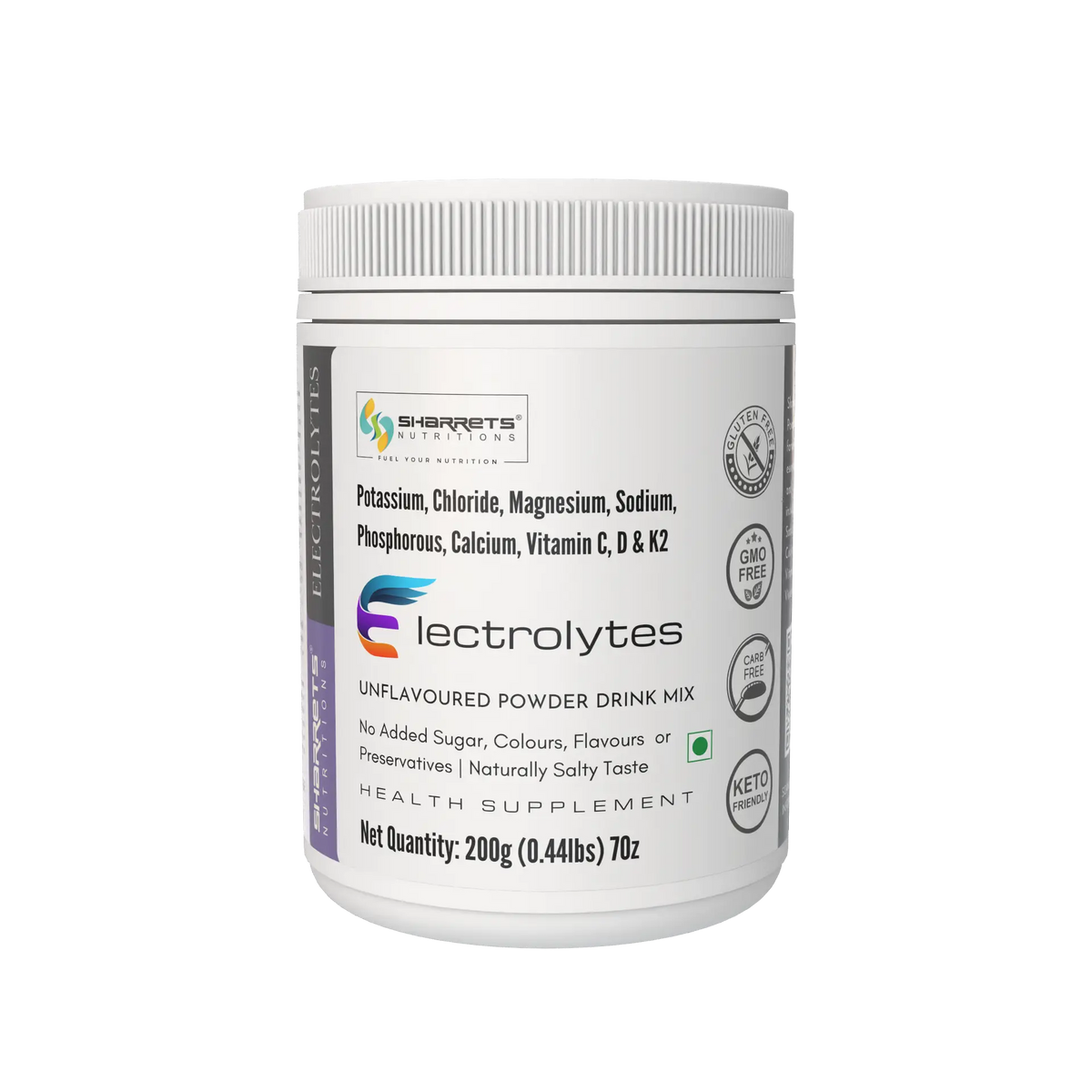 Sharrets Electrolytes Powder Unflavoured 200g with Potassium, Magnesium, Calcium, Sodium, Vitamins C, D & K2