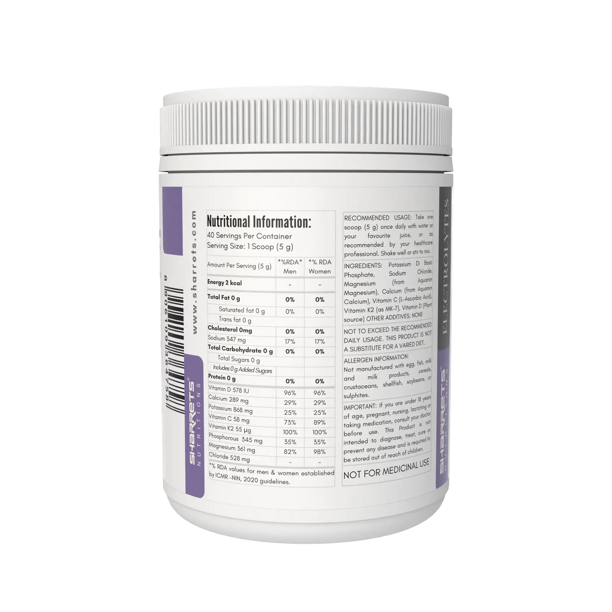 Sharrets Electrolytes Powder Unflavoured 200g with Potassium, Magnesium, Calcium, Sodium, Vitamins C, D & K2 - displaying left panel with nutritional information, suggested use, ingredients etc