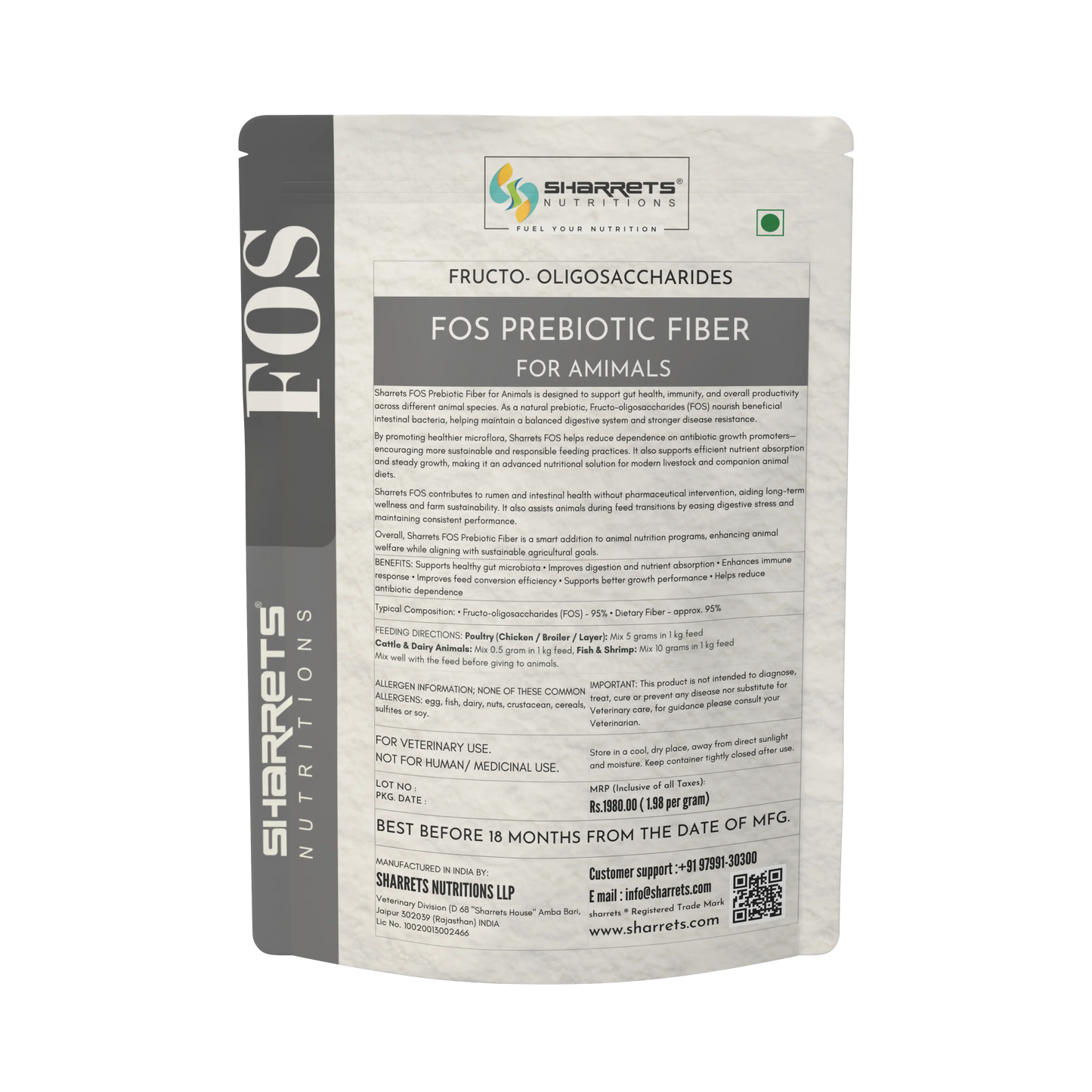 Sharrets Nutritions FOS Prebiotic Fiber package for animals on a white background