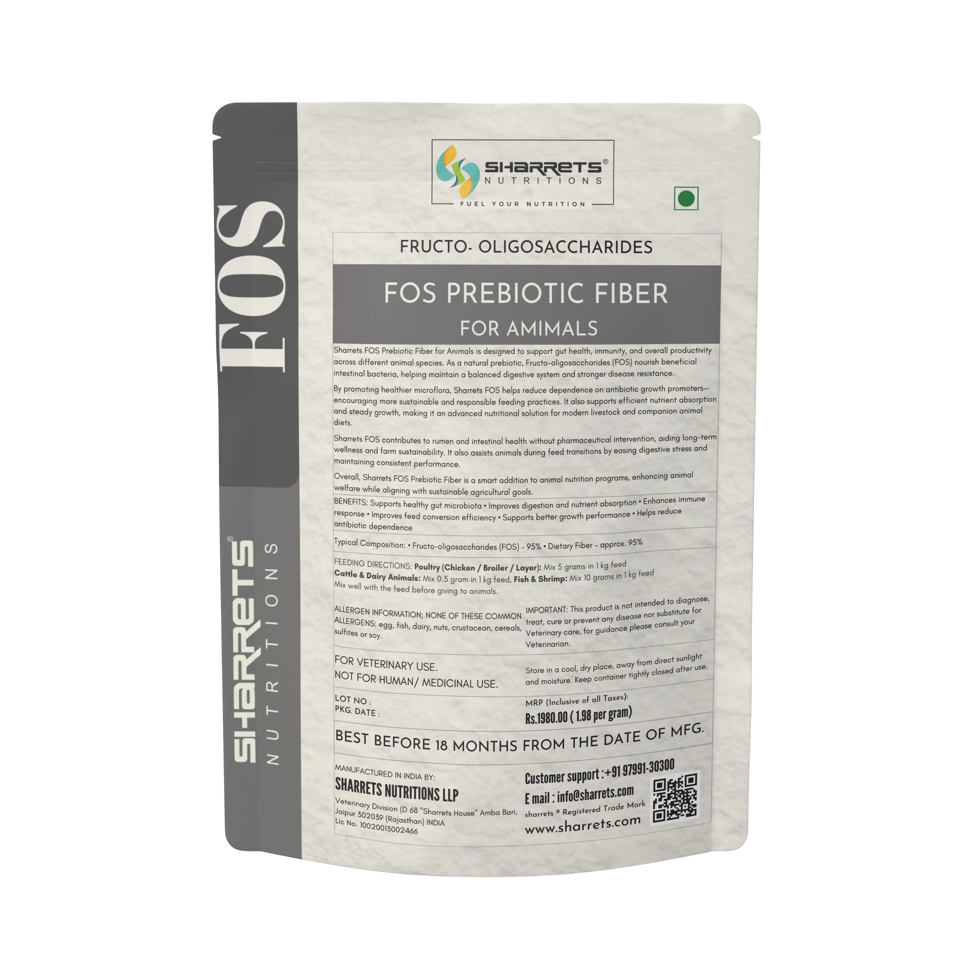 Sharrets Nutritions FOS Prebiotic Fiber package for animals on a white background