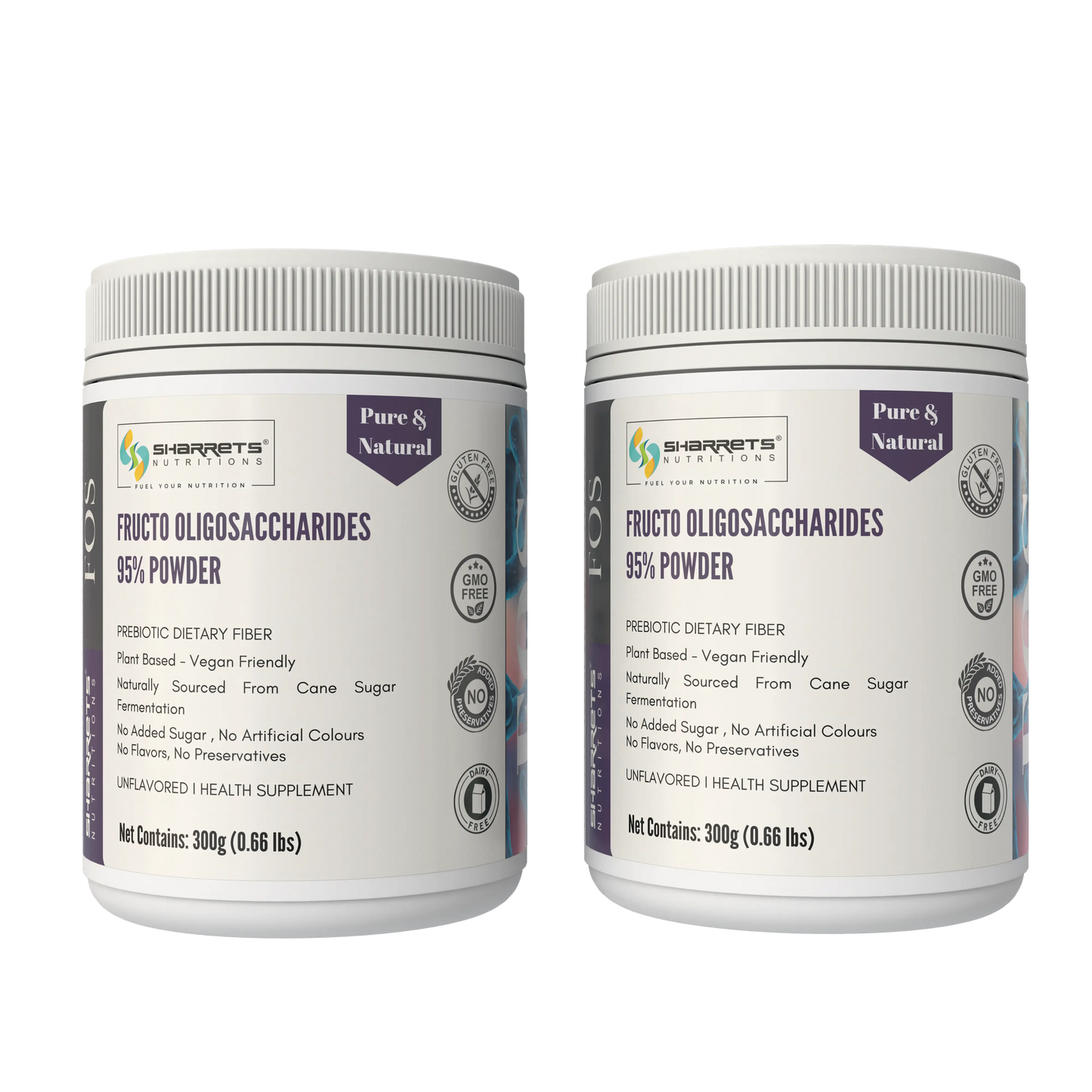 Two containers of Fructo Oligosaccharides 95% Powder by Sharrets nutritions on a white background.