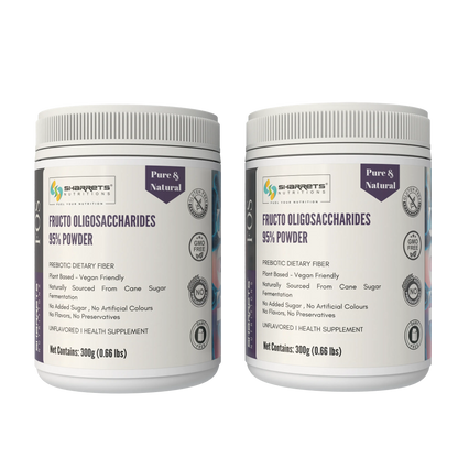Two containers of Fructo Oligosaccharides 95% Powder by Sharrets nutritions on a white background.