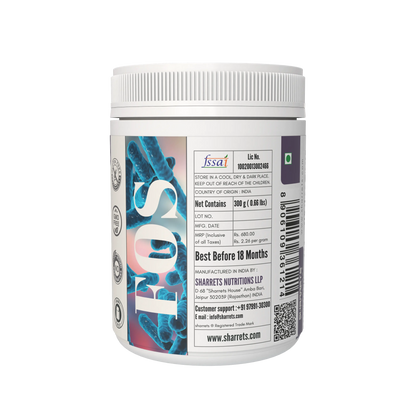 Supplement container with label on a white background - Sharrets Nutritions Fructooligosaccharides Prebiotic