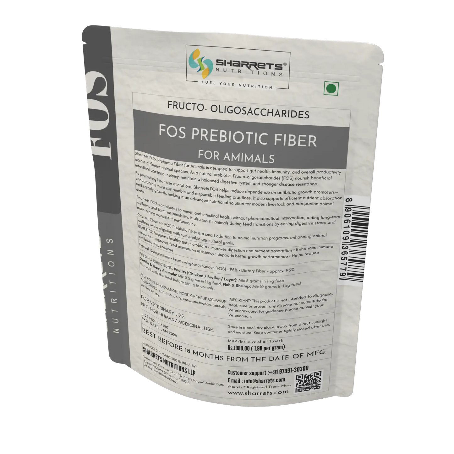 Sharrets Nutritions FOS Prebiotic Fiber package for animals on a white background