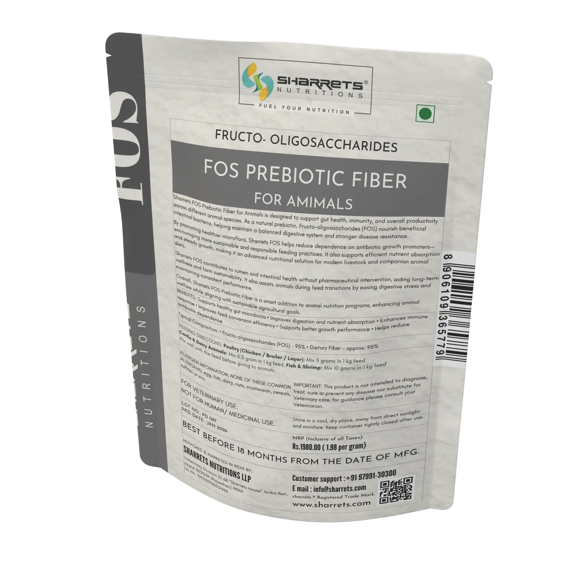 Sharrets Nutritions FOS Prebiotic Fiber package for animals on a white background