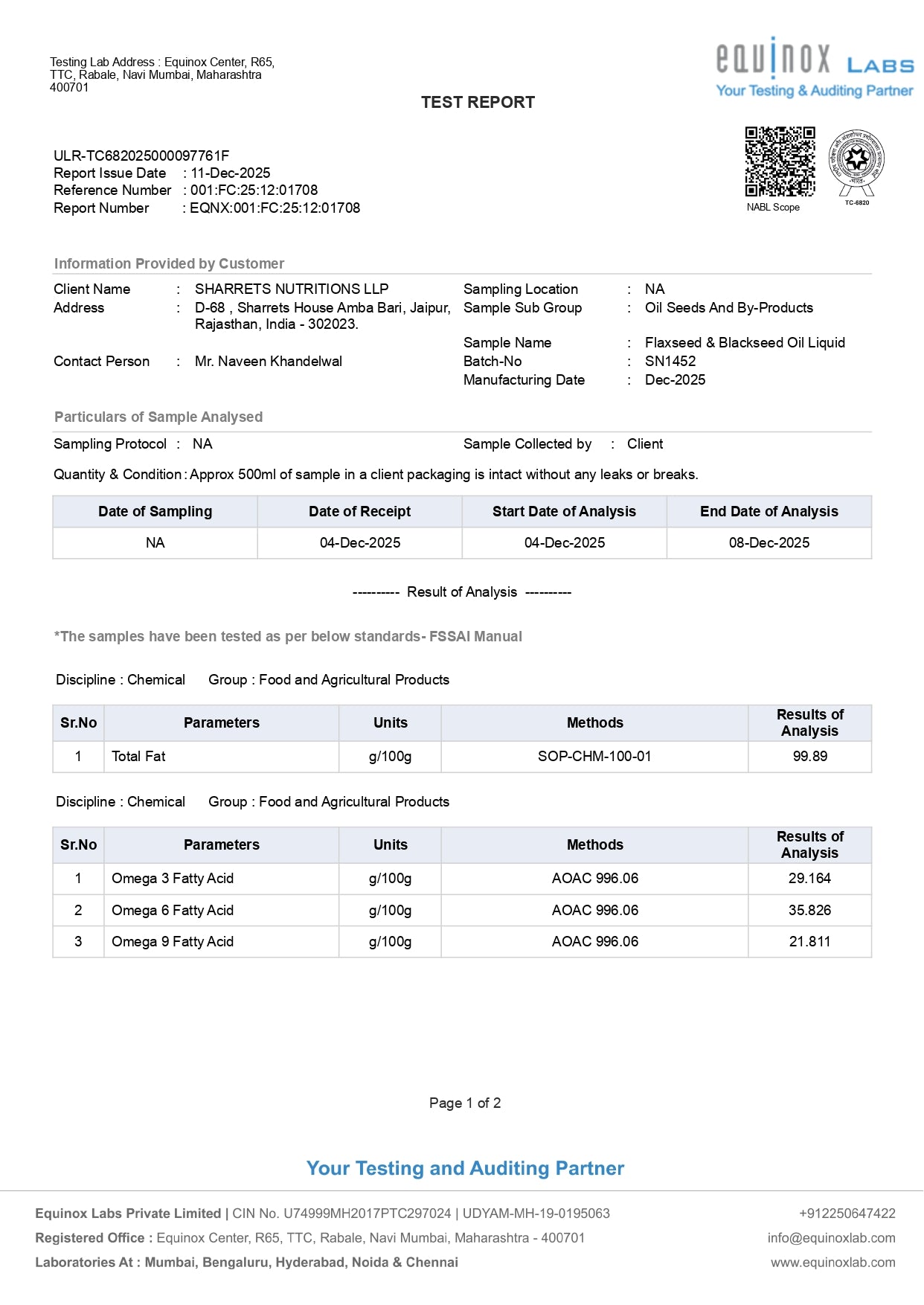 Test report from Equinox Labs with sample details and analysis results. - sharrets omega 3 6 9 oil 