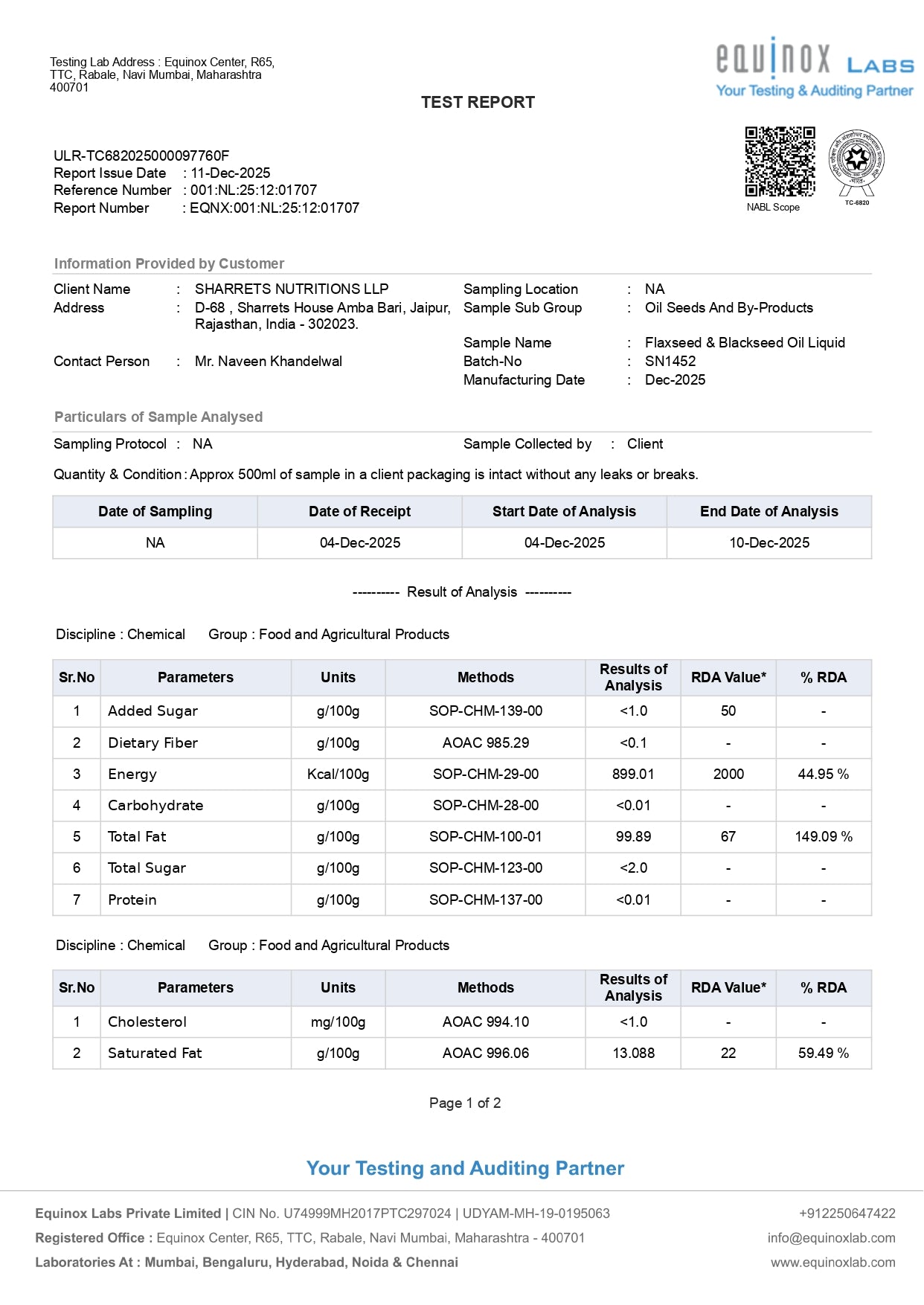 Test report from Equinox Labs with various analytical results - sharrets omega 3 6 9 oil 