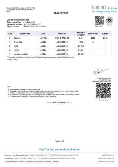 Test report from Equinox Labs with nutritional analysis details on a white background - sharrets omega 3 6 9 oil 