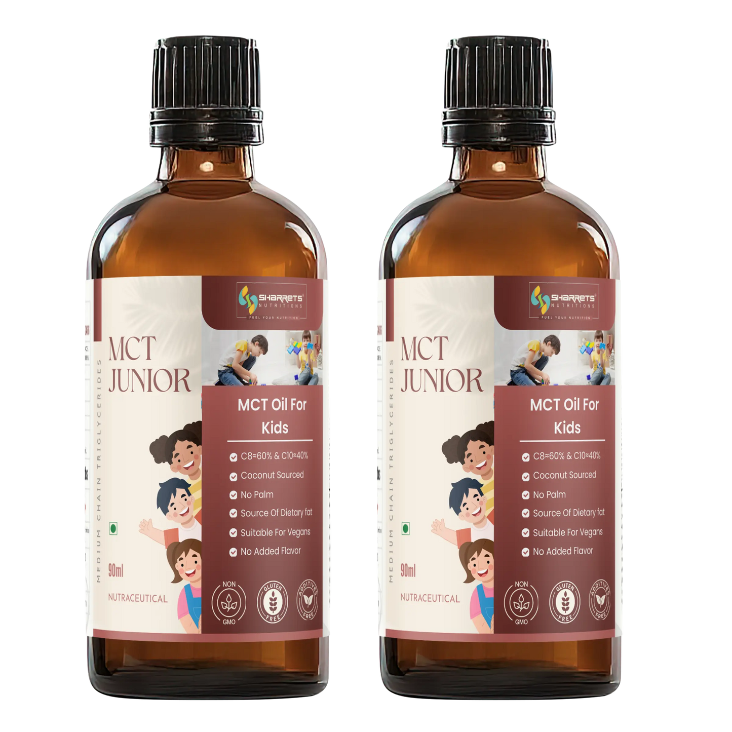 Two bottles of sharrets MCT Junior oil for kids on a white background